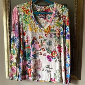 Johnny Was Cream Dreamer Favorite Long Sleeve V-neck Swing Top Shirt Tee Small